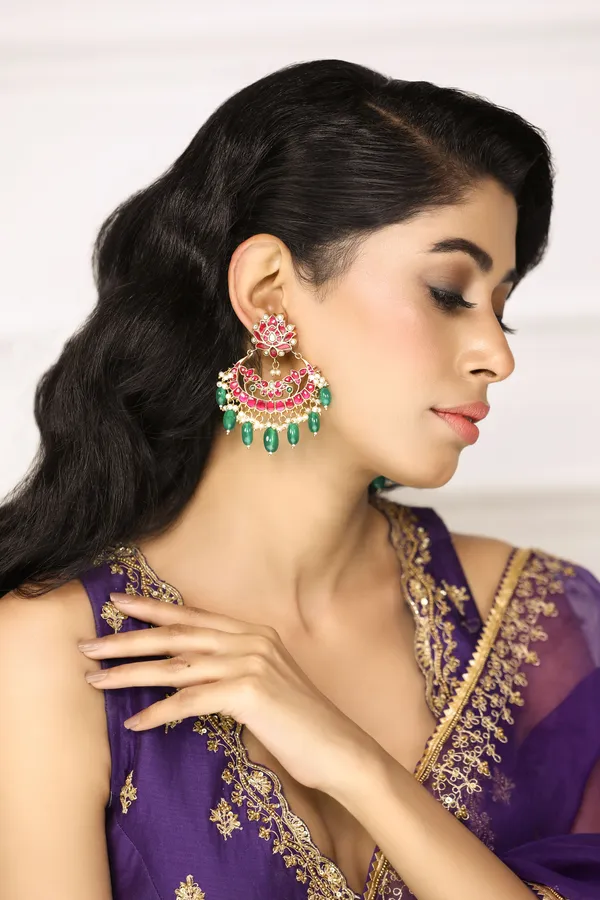 Pink Kundan Jadau Chandbali With Green Drops