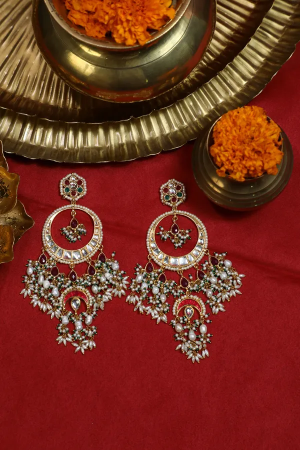 Statement Red Kundan Pink Chand Pearls Chandbali Earrings