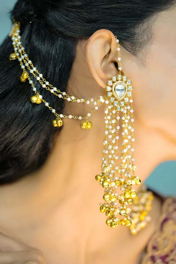 Loaded Gold Beads Kundan Dangler Earrings With Attached Kaan Saharas