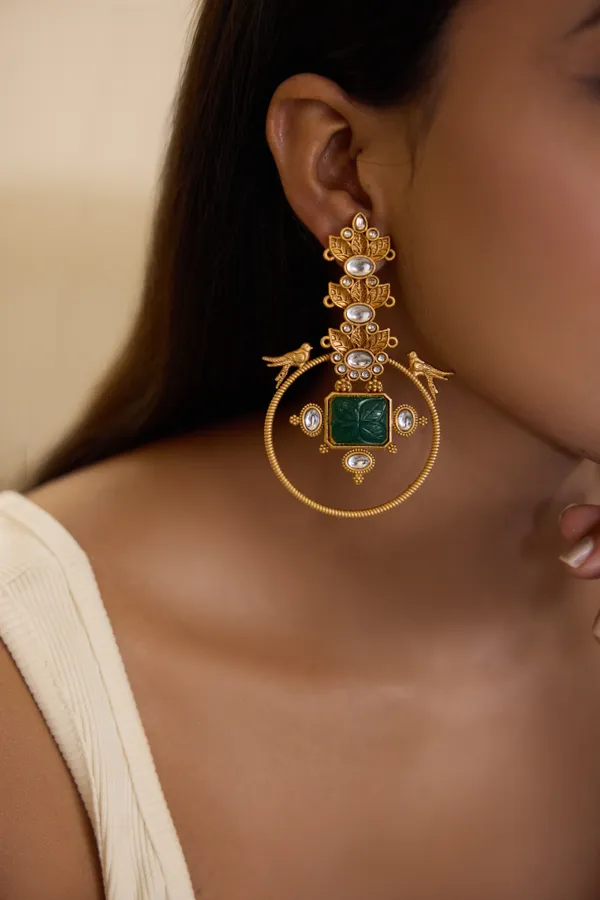 Carved Green Stone Gold Plated Chandbaali Earrings