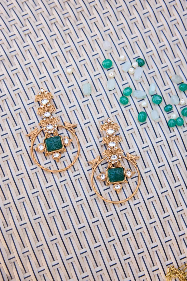 Carved Green Stone Gold Plated Chandbaali Earrings