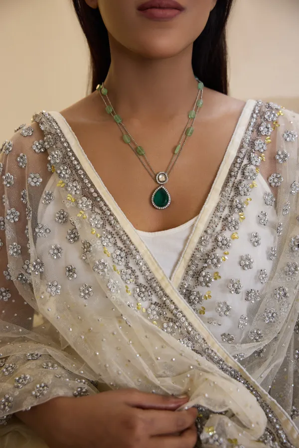 Carved Green Center Barium Stone Pendant Necklace