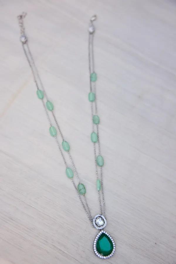 Carved Green Center Barium Stone Pendant Necklace