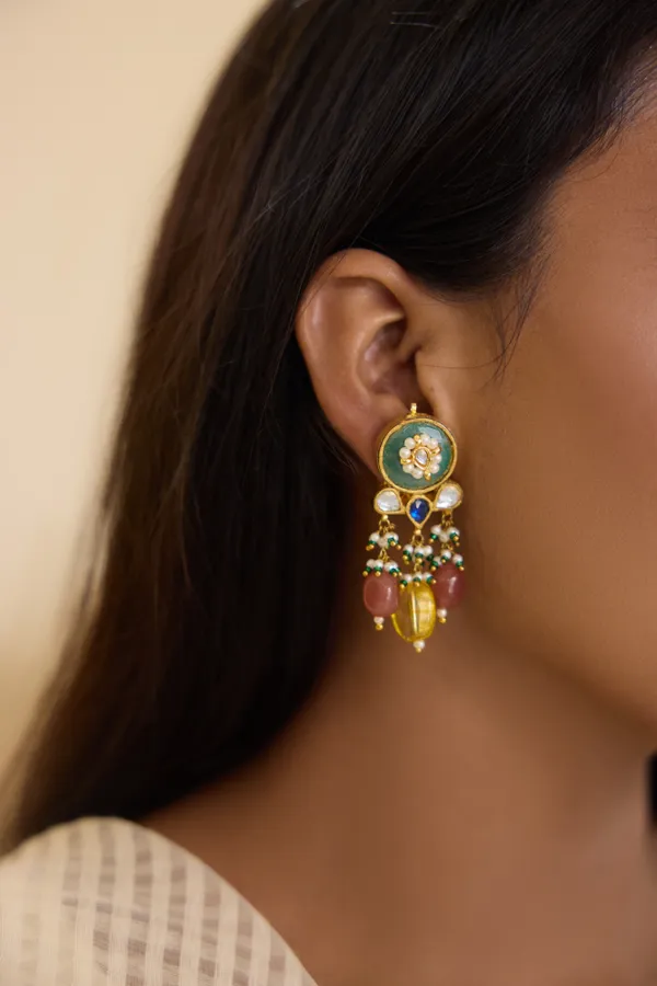 Blue Kundan Green Stone Yellow Drop Earrings
