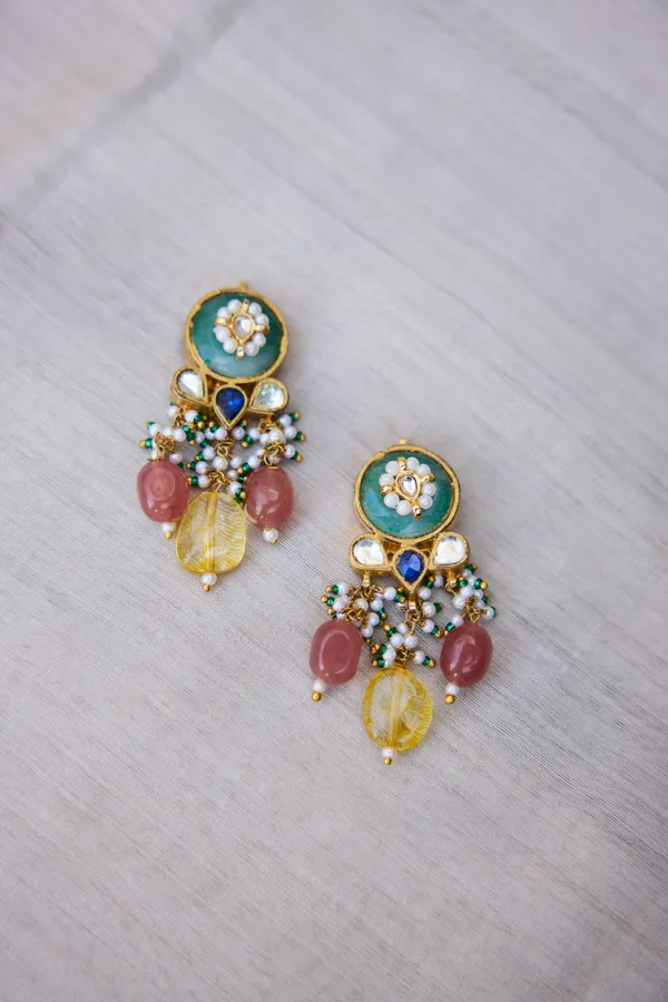 Blue Kundan Green Stone Yellow Drop Earrings