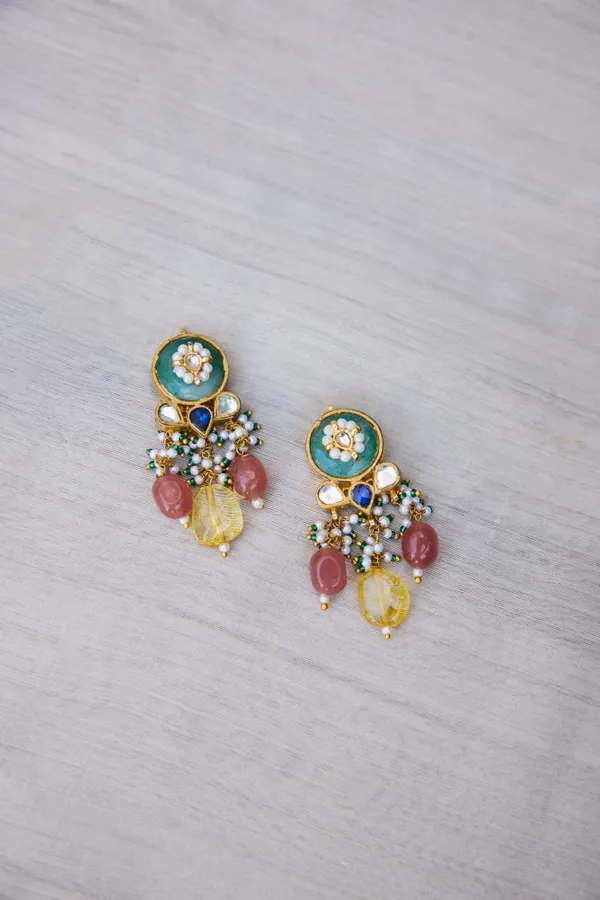 Blue Kundan Green Stone Yellow Drop Earrings