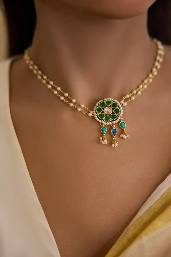 Green Blue Feroza Kundan Pendant Necklace