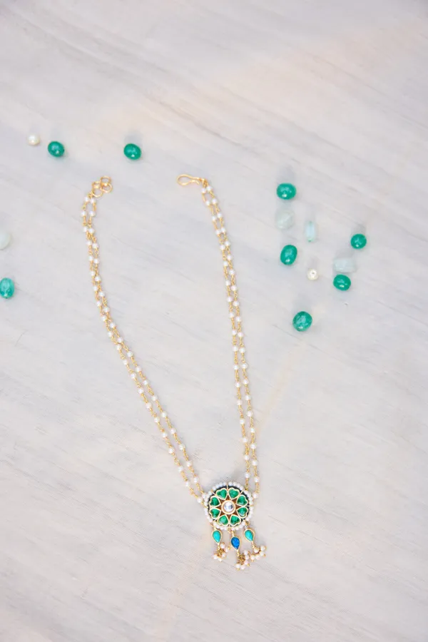 Green Blue Feroza Kundan Pendant Necklace