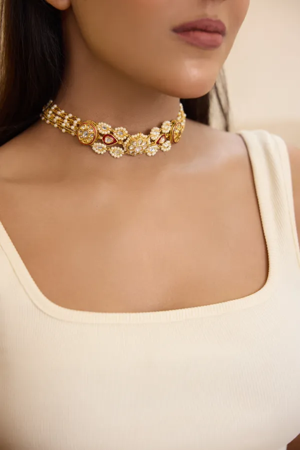 Red Meena Gold Kundan Pearl Chain Choker Necklace