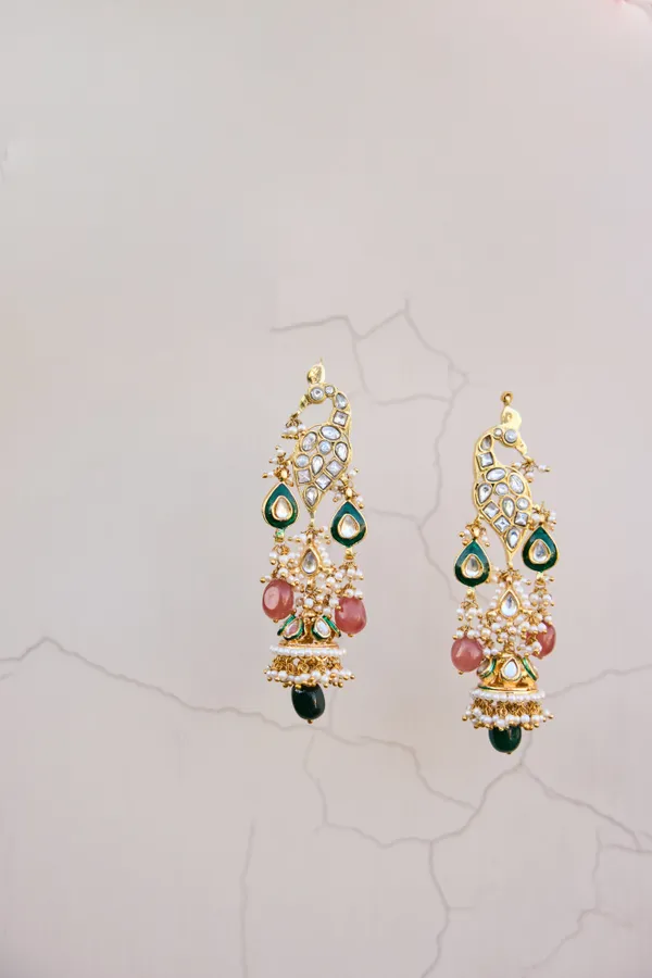 Green Meena Pink & Green Stone Ethnic Kundan Earrings