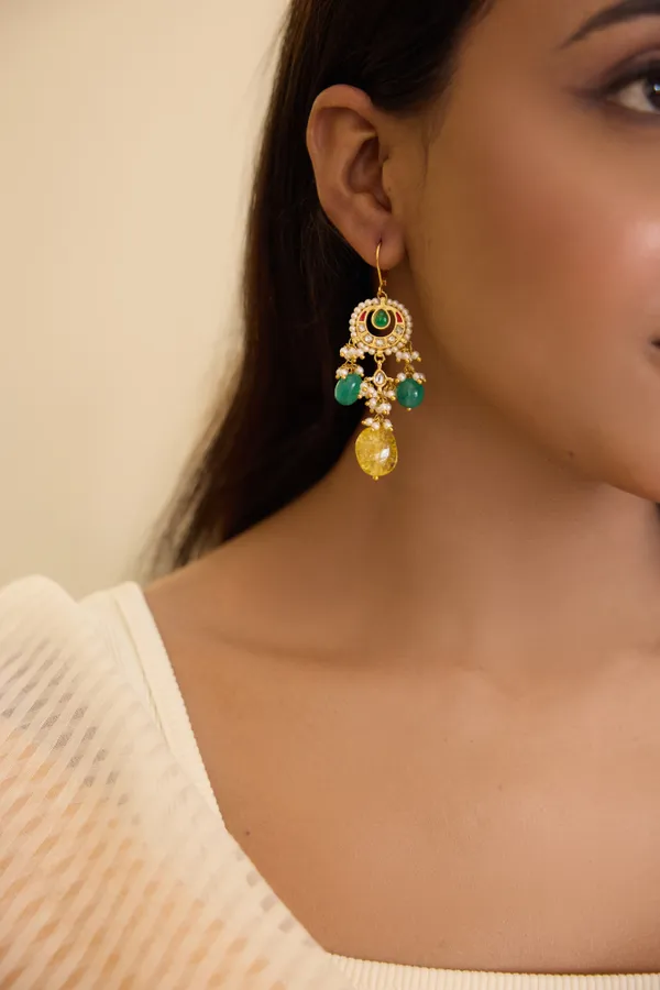 Red Kundan Green & Yellow Drop Dangler Earrings