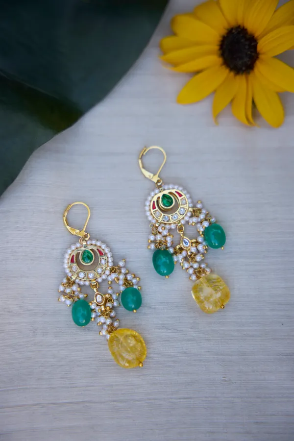 Red Kundan Green & Yellow Drop Dangler Earrings