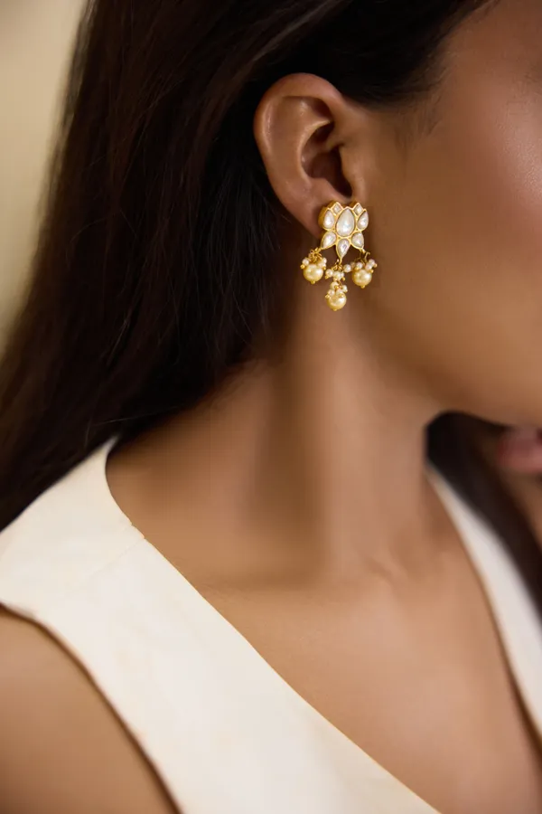 Gold & White Lotus Kundan Earrings