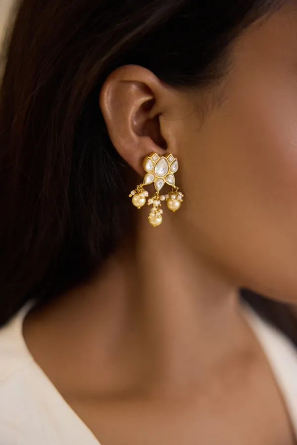 Gold & White Lotus Kundan Earrings