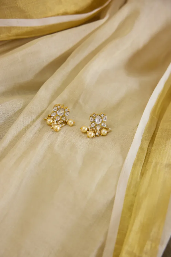 Gold & White Lotus Kundan Earrings