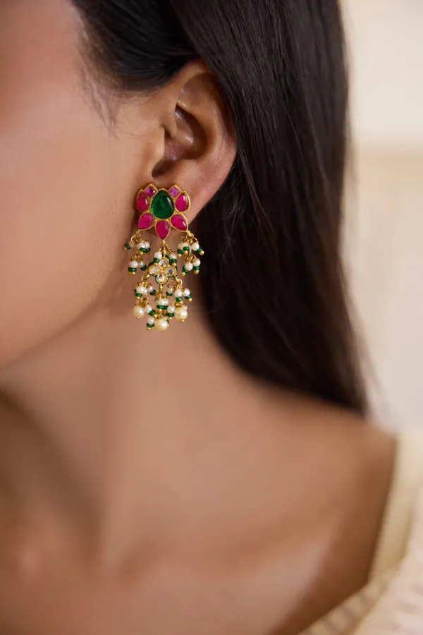 Green Center Pink Kundan Earrings