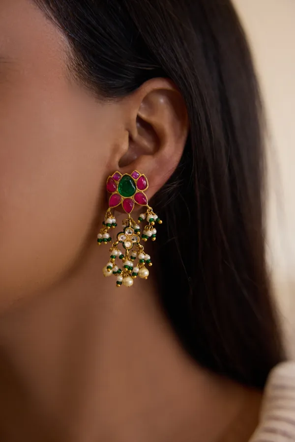 Green Center Pink Kundan Earrings