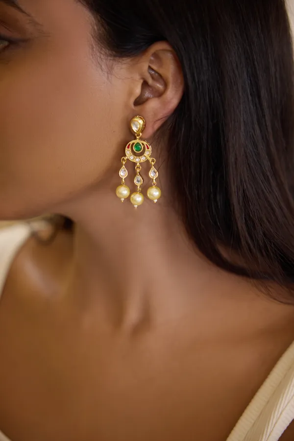 Red & Green Kundan Pearl Drop Dangler Earrings