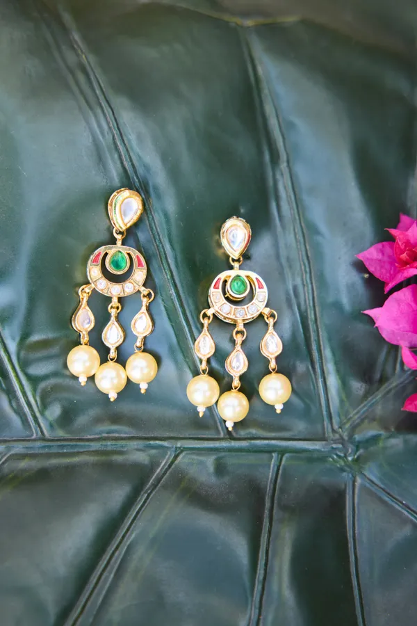 Red & Green Kundan Pearl Drop Dangler Earrings