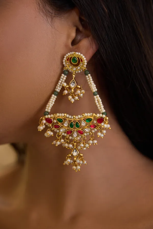 Pink & Green Kundan Biya Drop Earrings