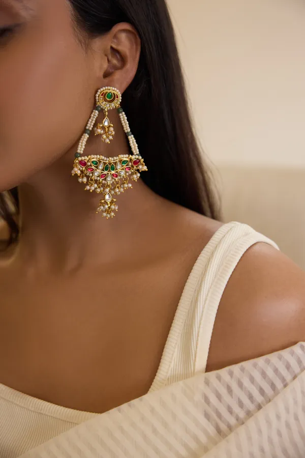 Pink & Green Kundan Biya Drop Earrings
