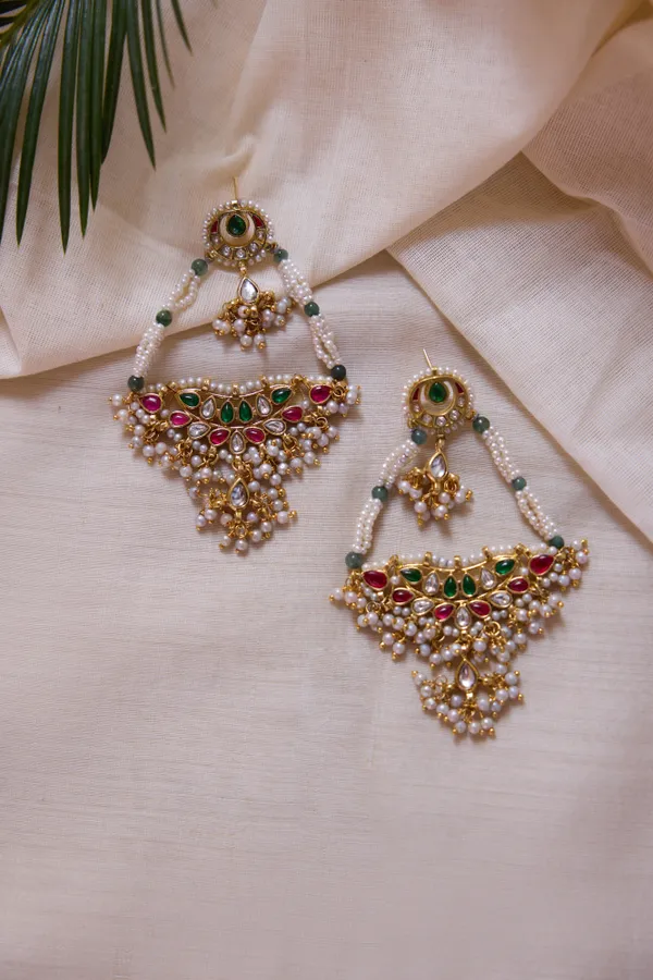 Pink & Green Kundan Biya Drop Earrings
