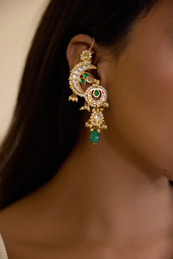 Pink & Green Kundan Chand Crescent Dangler Earrings