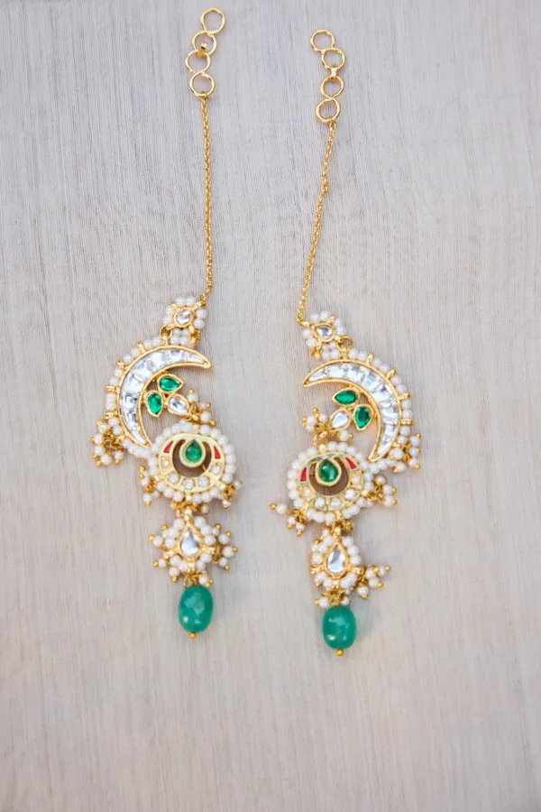 Pink & Green Kundan Chand Crescent Dangler Earrings