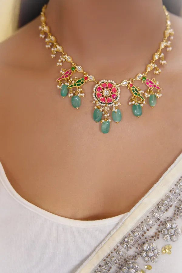Ethnic Pink & Green Kundan Green Drops Necklace