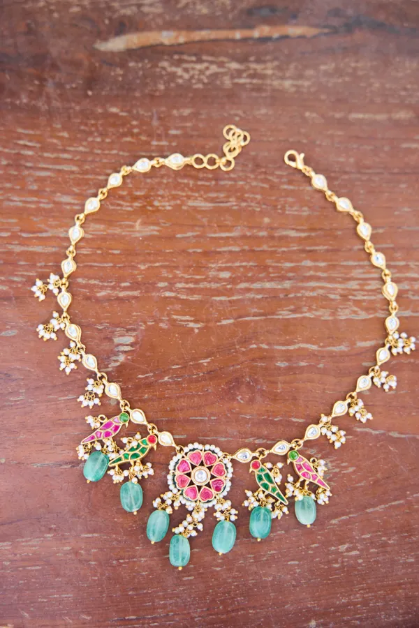 Ethnic Pink & Green Kundan Green Drops Necklace