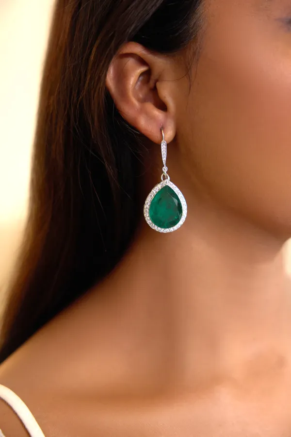Carved Green Center Zirconia Dangler Earrings