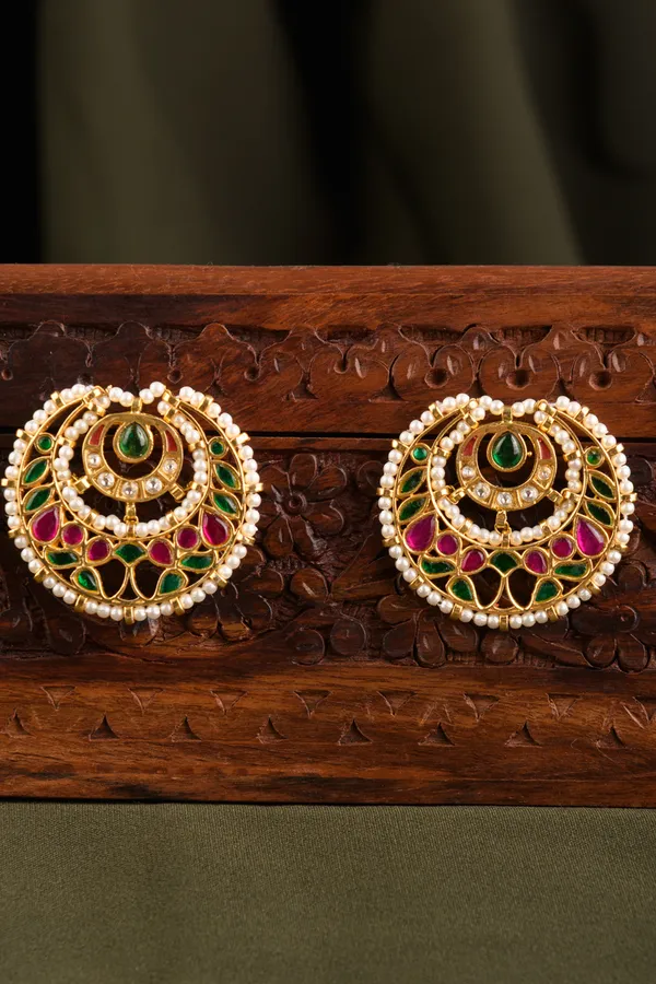 Pink & Green Kundan Studs Earrings