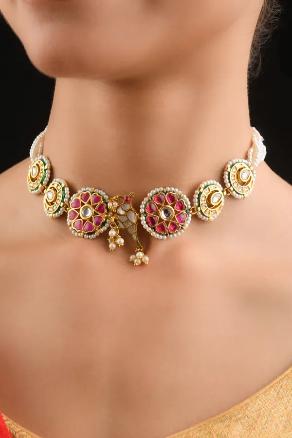 Ethnic Pink Kundan Gold & Green Meenakari Choker Necklace