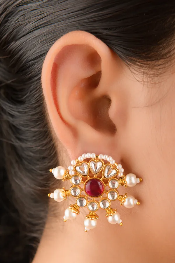 Pink Kundan & Pearls Studs Earrings