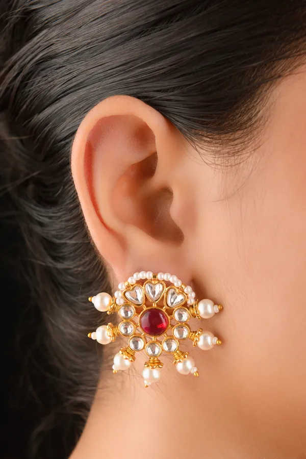 Pink Kundan & Pearls Studs Earrings
