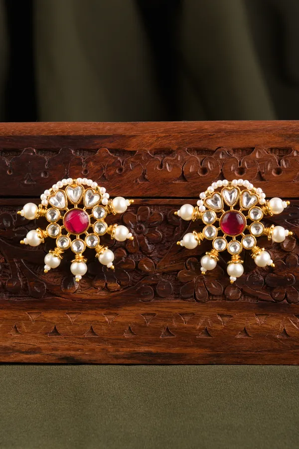 Pink Kundan & Pearls Studs Earrings