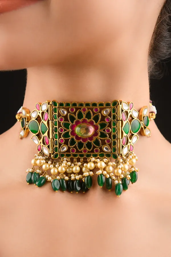 Pink & Green Kundan Pearls & Green Drops Necklace