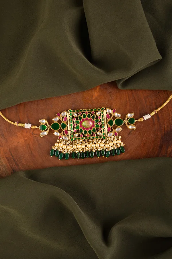 Pink & Green Kundan Pearls & Green Drops Necklace