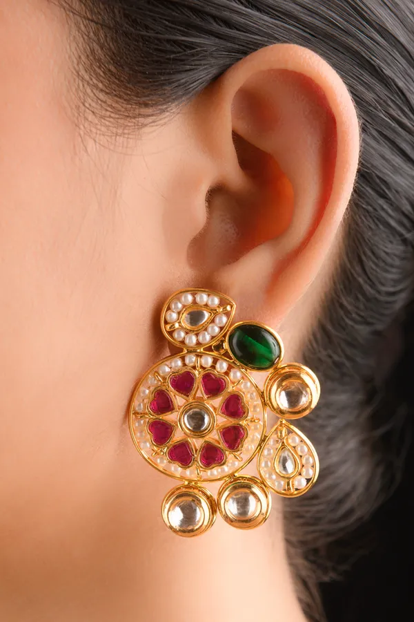 Pink & Green Kundan Pearls Studs Earrings