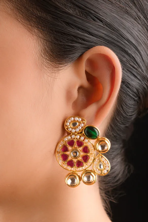 Pink & Green Kundan Pearls Studs Earrings