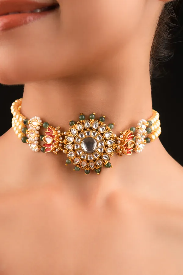 Kundan Lotus White & Green Pearls Choker Necklace