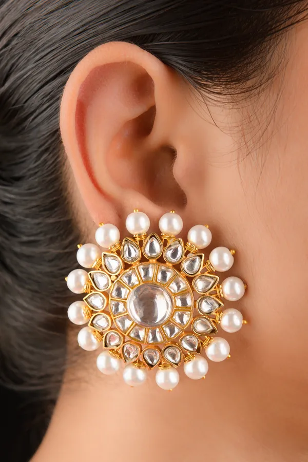 Kundan Studded Gold & White Pearls Studs