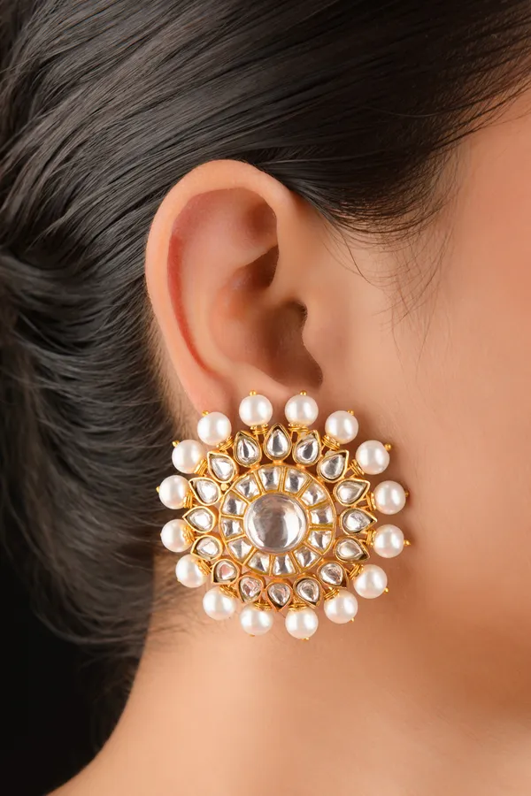 Kundan Studded Gold & White Pearls Studs