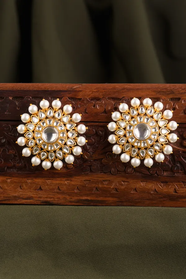 Kundan Studded Gold & White Pearls Studs