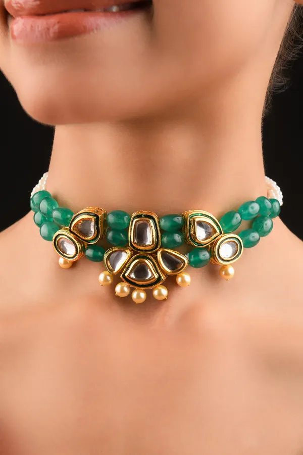 Green Stone Green Meena Pearls Kundan Necklace
