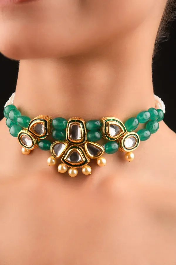 Green Stone Green Meena Pearls Kundan Necklace