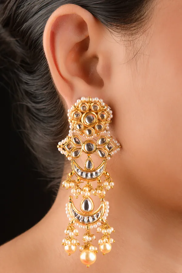 Golden Kundan Chand Pearls Danglers Earrings