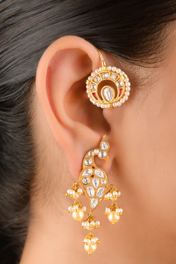 Ethnic Gold & White Red Kundan Earcuffs