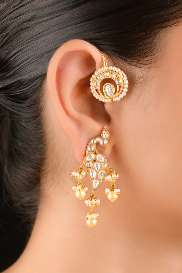 Ethnic Gold & White Red Kundan Earcuffs