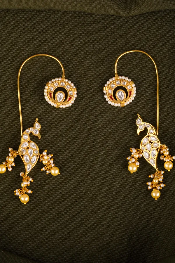 Ethnic Gold & White Red Kundan Earcuffs